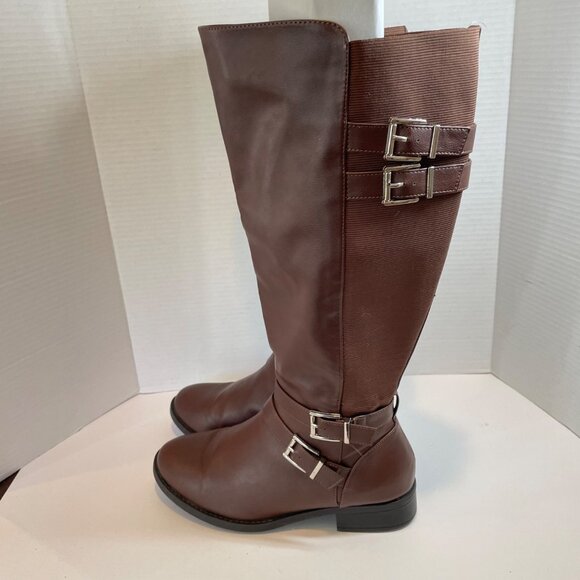 Brown Knee-High Riding Boots With Adjustable Buckles & Side Zipper - Picture 6 of 13